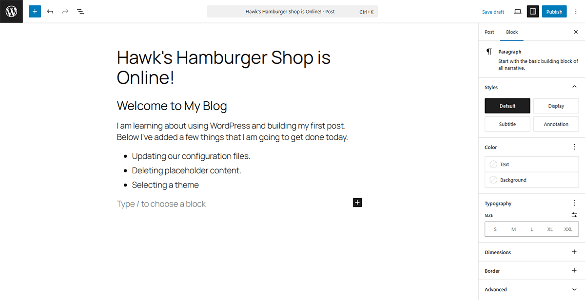 A screenshot showing the stock Add Post section of the WordPress admin panel with some content added.