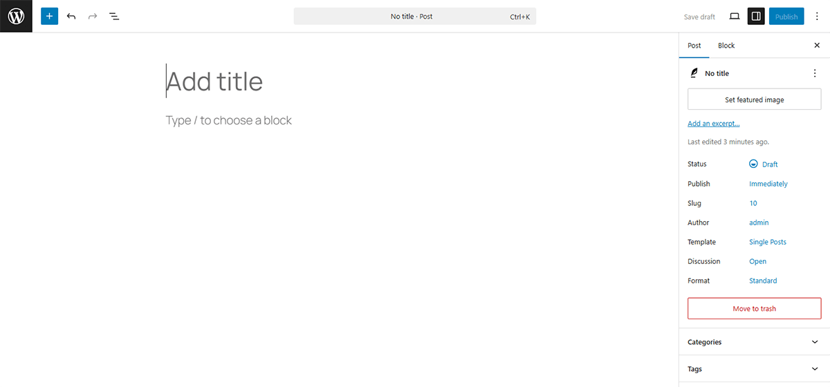 A screenshot showing the stock Add Post section of the WordPress admin panel.