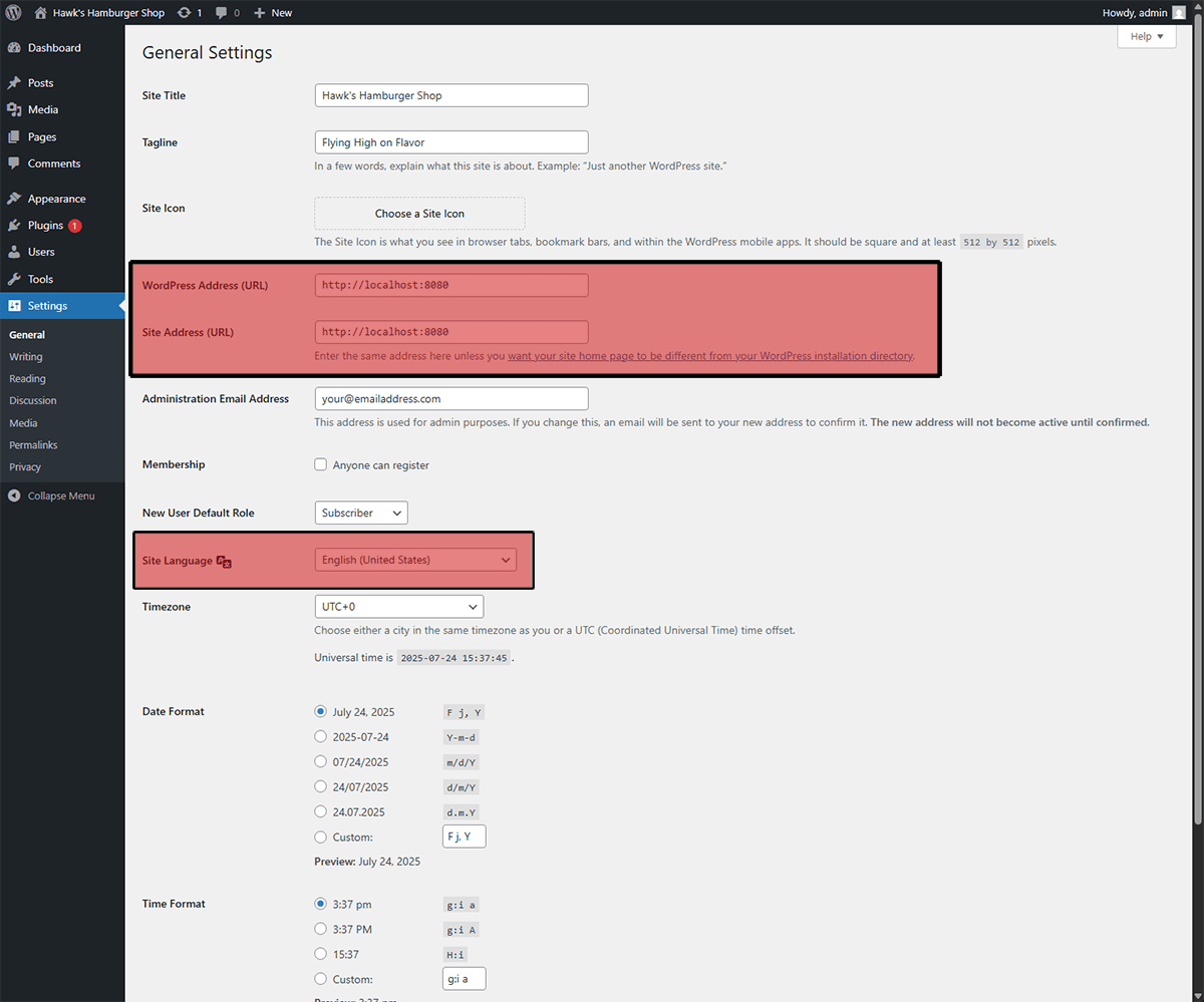 A screenshot showing the General Settings section of the WordPress admin panel. The sections for WordPress Address, Site Address, and Site Language are highlighted in red indicating danger when editing those settings.